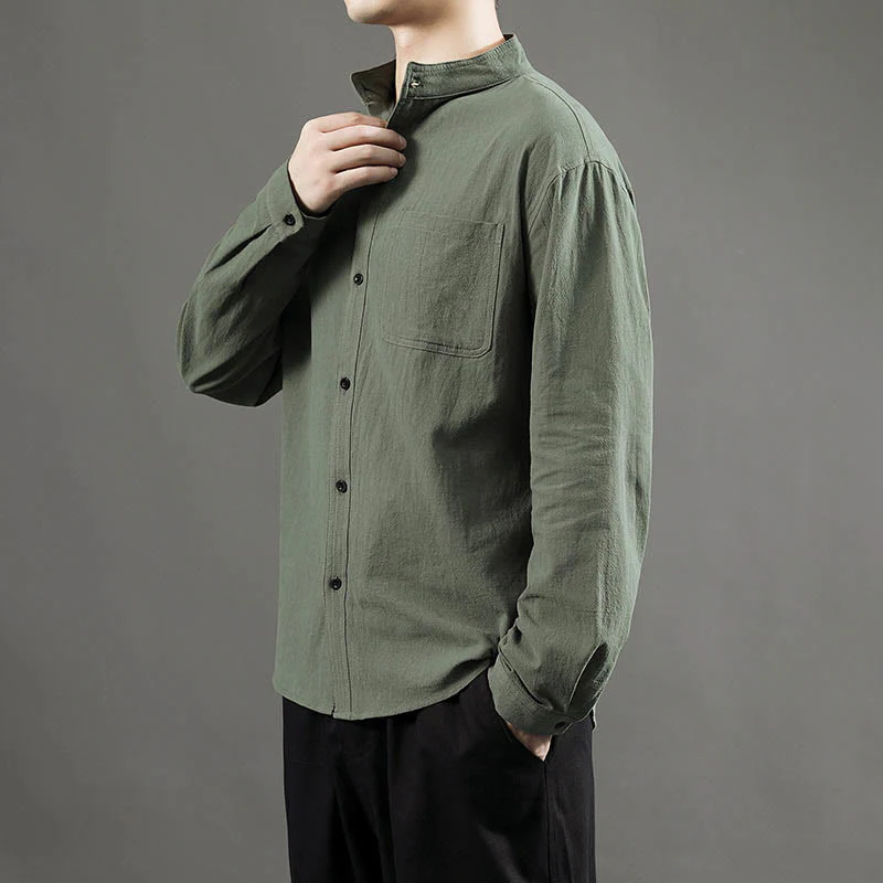 Camicia a maniche lunghe da uomo Buddha Stones con tasca, colletto alla coreana, comoda camicia in lino - Image 6