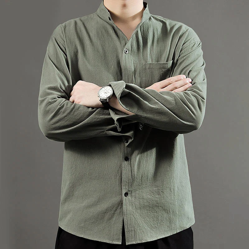 Camicia a maniche lunghe da uomo Buddha Stones con tasca, colletto alla coreana, comoda camicia in lino - Image 7