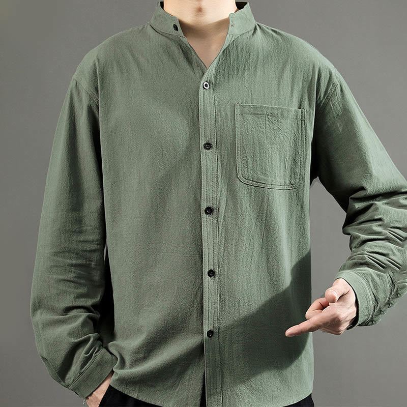 Camicia a maniche lunghe da uomo Buddha Stones con tasca, colletto alla coreana, comoda camicia in lino - Image 8