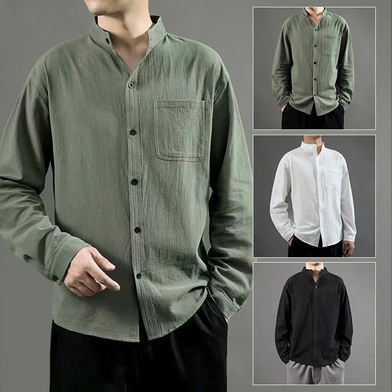 Camicia a maniche lunghe da uomo Buddha Stones con tasca, colletto alla coreana, comoda camicia in lino - Image 9