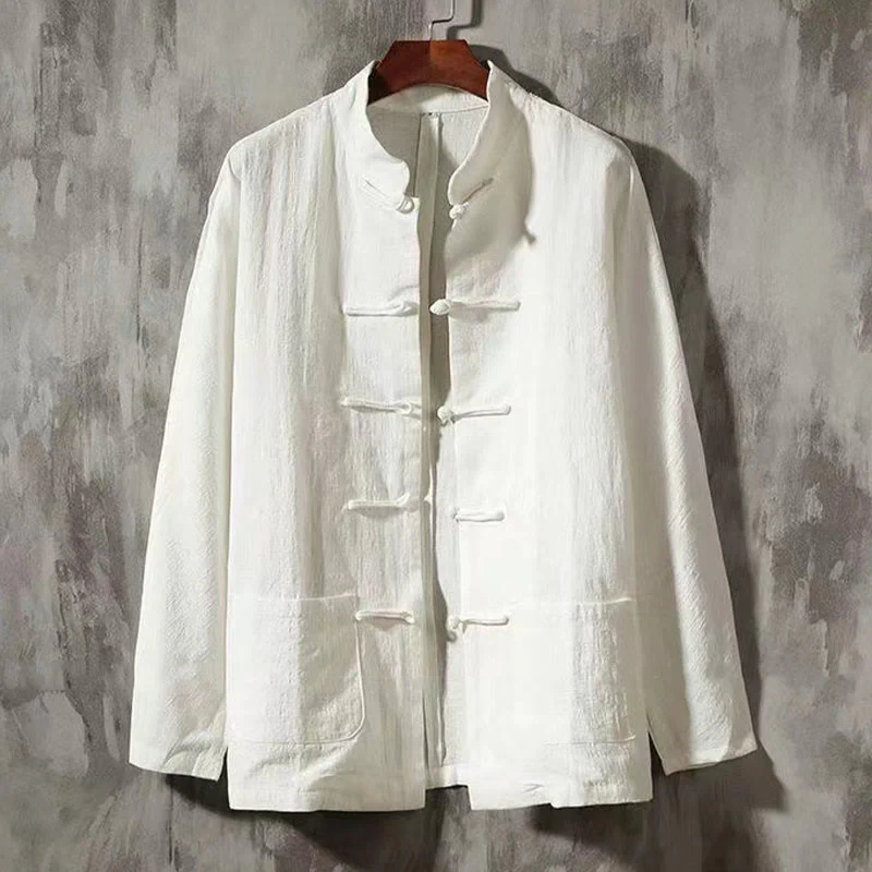 Camicia da uomo a maniche lunghe con bottoni a rana e tasca, con colletto rialzato, Buddha Stones