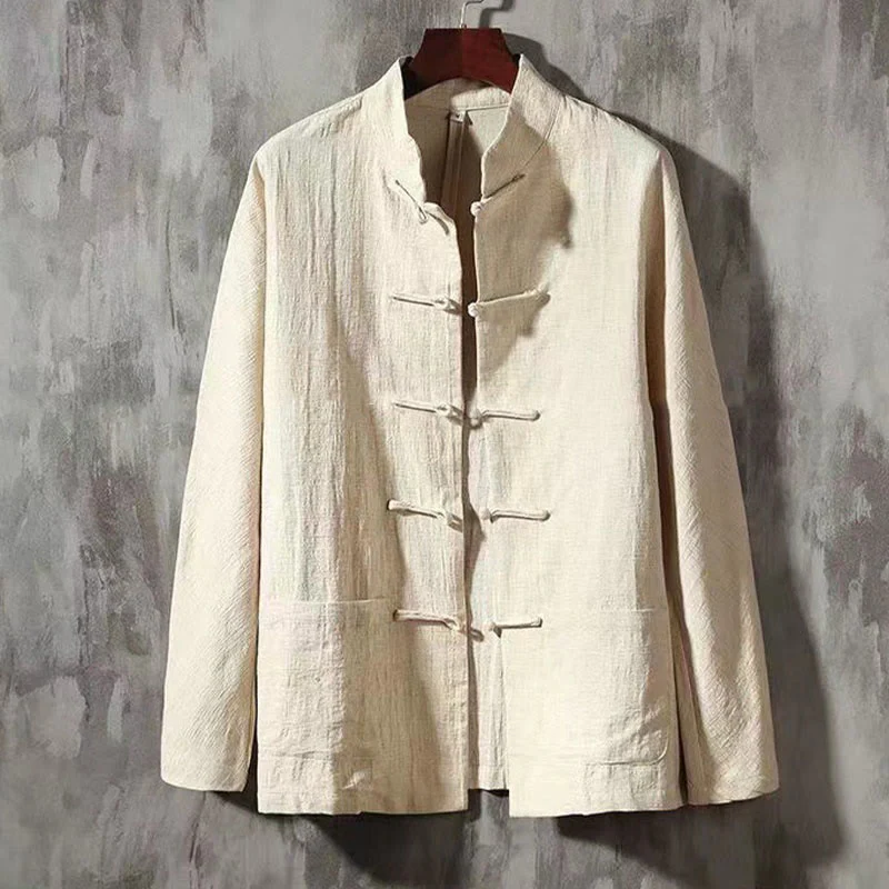 Camicia da uomo a maniche lunghe con bottoni a rana e tasca, con colletto rialzato, Buddha Stones - Image 10