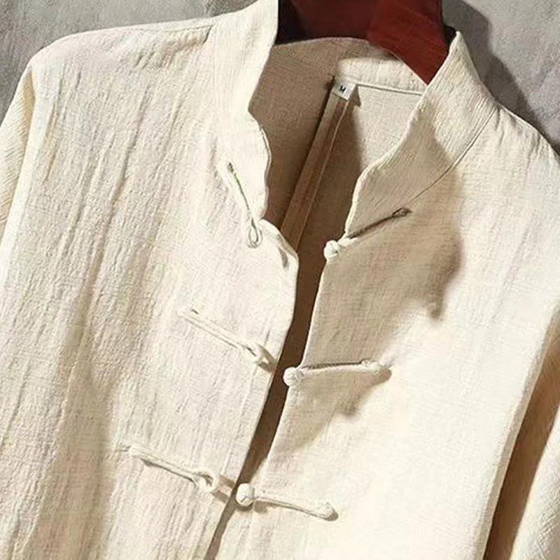Camicia da uomo a maniche lunghe con bottoni a rana e tasca, con colletto rialzato, Buddha Stones - Image 11