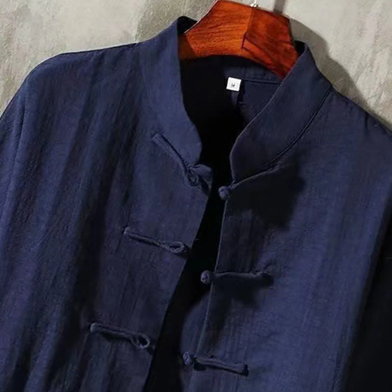 Camicia da uomo a maniche lunghe con bottoni a rana e tasca, con colletto rialzato, Buddha Stones - Image 9