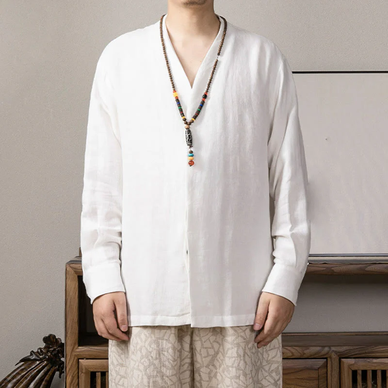 Camicia a maniche lunghe in lino da uomo con scollo a V e motivo Buddha Stones Zen Clothing