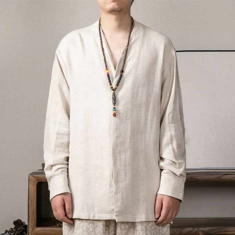 Camicia a maniche lunghe in lino da uomo con scollo a V e motivo Buddha Stones Zen Clothing - Image 11