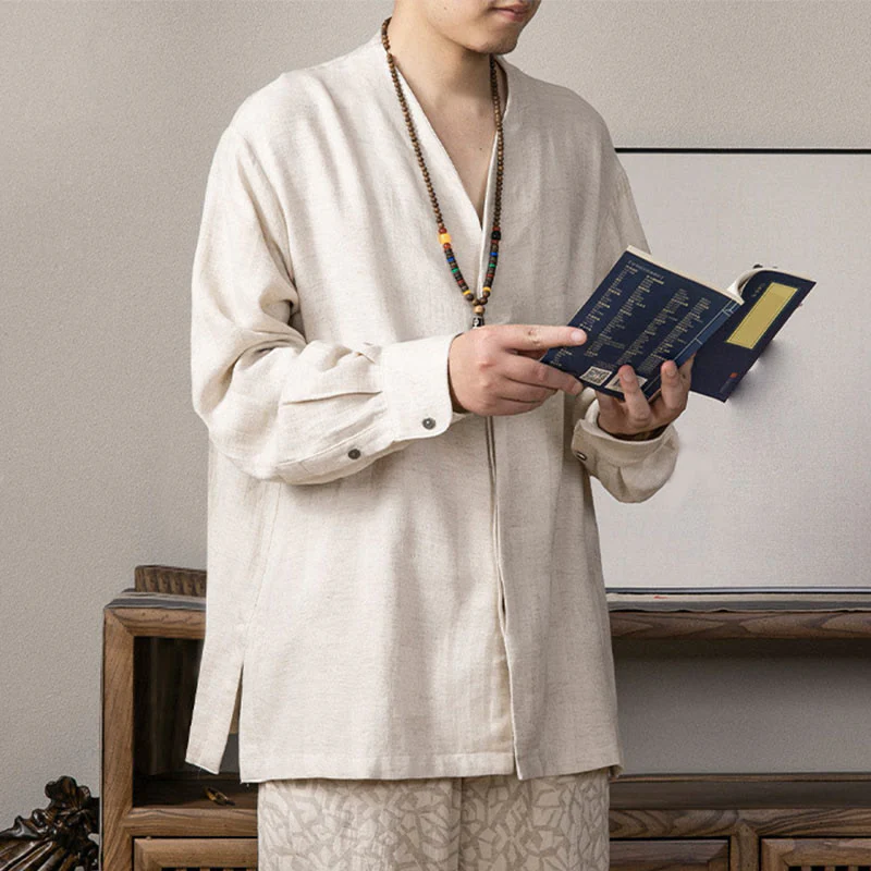 Camicia a maniche lunghe in lino da uomo con scollo a V e motivo Buddha Stones Zen Clothing - Image 12