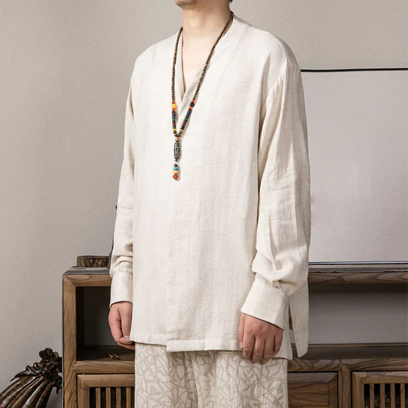 Camicia a maniche lunghe in lino da uomo con scollo a V e motivo Buddha Stones Zen Clothing - Image 13