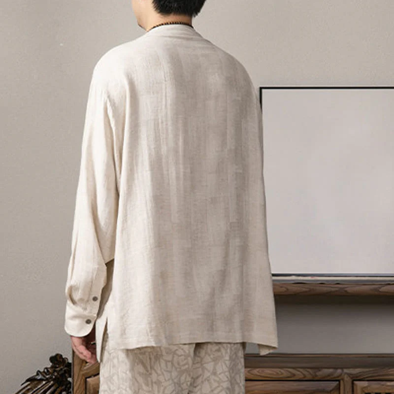 Camicia a maniche lunghe in lino da uomo con scollo a V e motivo Buddha Stones Zen Clothing - Image 14