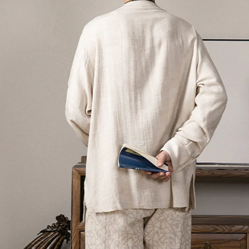 Camicia a maniche lunghe in lino da uomo con scollo a V e motivo Buddha Stones Zen Clothing - Image 15