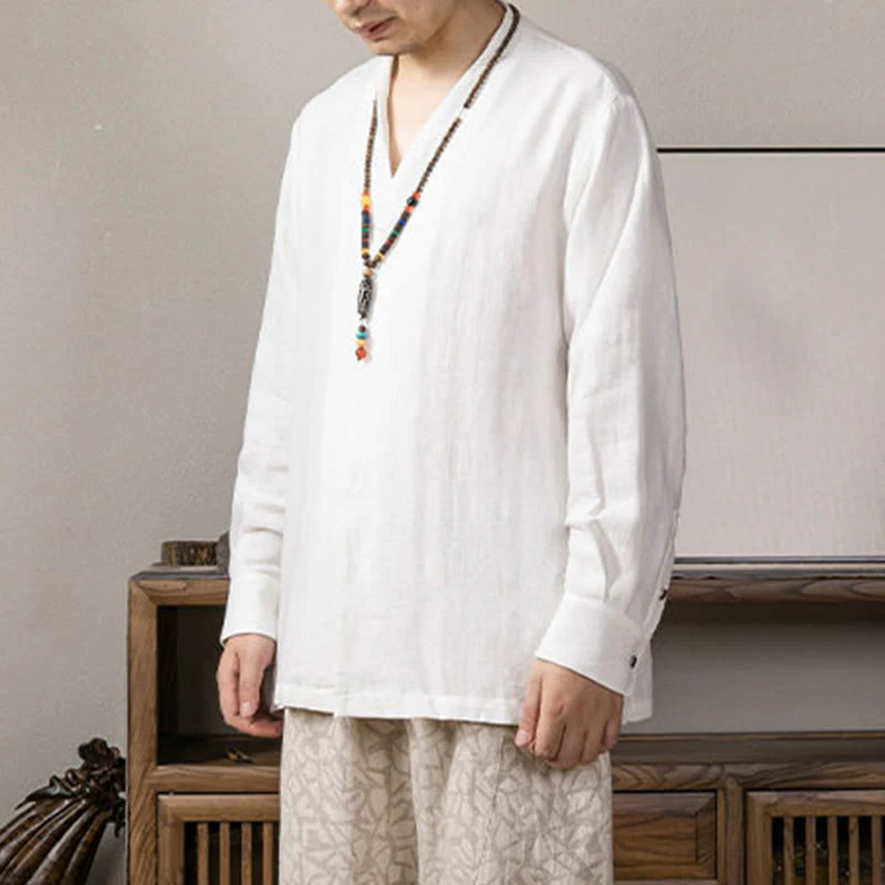 Camicia a maniche lunghe in lino da uomo con scollo a V e motivo Buddha Stones Zen Clothing - Image 3