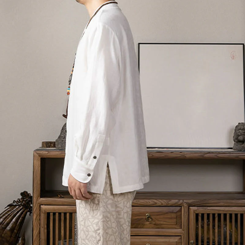 Camicia a maniche lunghe in lino da uomo con scollo a V e motivo Buddha Stones Zen Clothing - Image 4