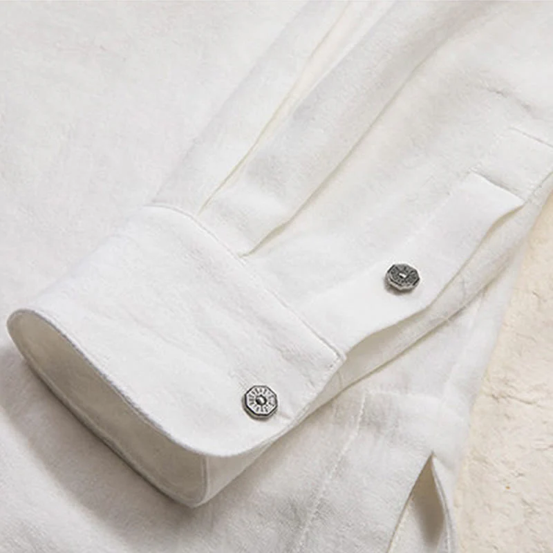Camicia a maniche lunghe in lino da uomo con scollo a V e motivo Buddha Stones Zen Clothing - Image 9