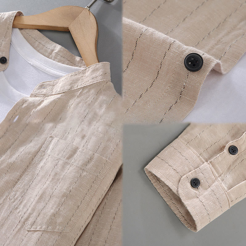 Camicia a maniche lunghe in cotone e lino con motivo a righe da uomo, modello Buddha Stones Daily Tang Suit - Image 11
