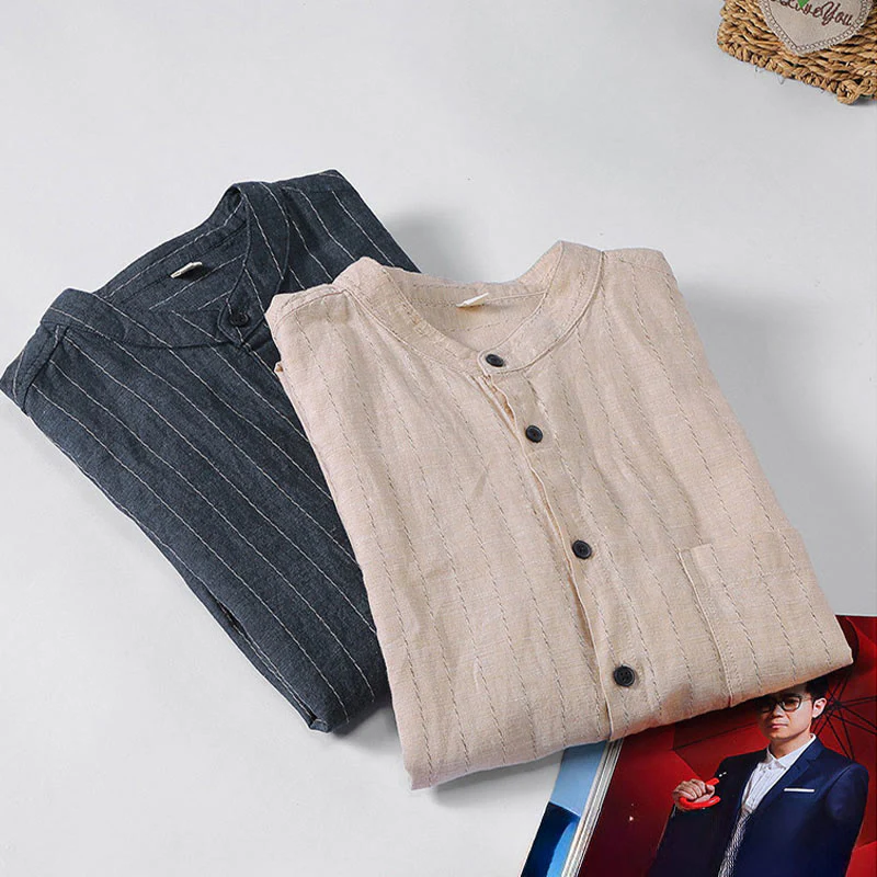 Camicia a maniche lunghe in cotone e lino con motivo a righe da uomo, modello Buddha Stones Daily Tang Suit - Image 12