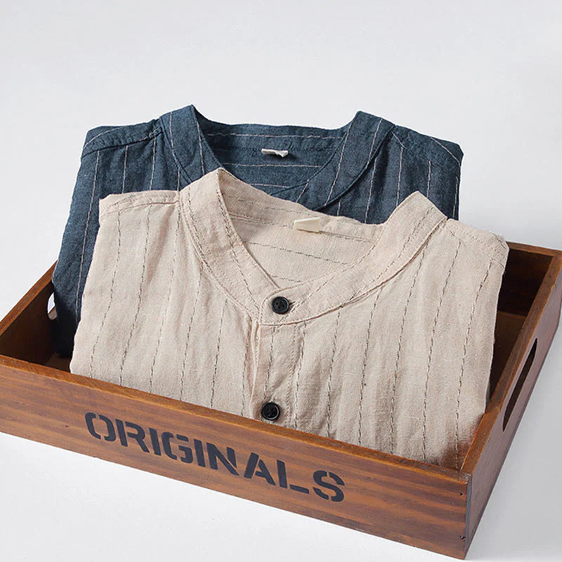 Camicia a maniche lunghe in cotone e lino con motivo a righe da uomo, modello Buddha Stones Daily Tang Suit - Image 13