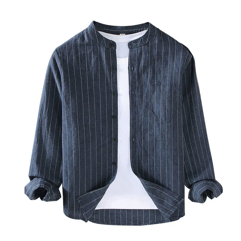 Camicia a maniche lunghe in cotone e lino con motivo a righe da uomo, modello Buddha Stones Daily Tang Suit - Image 2