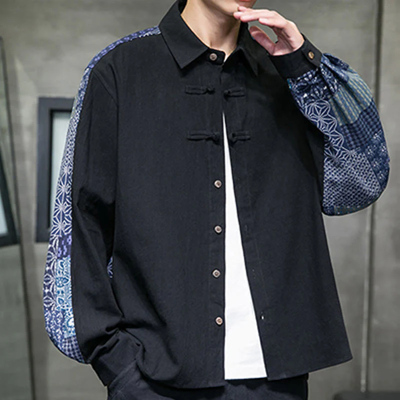 Camicia a maniche lunghe in misto cotone con cuciture a motivo floreale da uomo Buddha Stones - Image 3