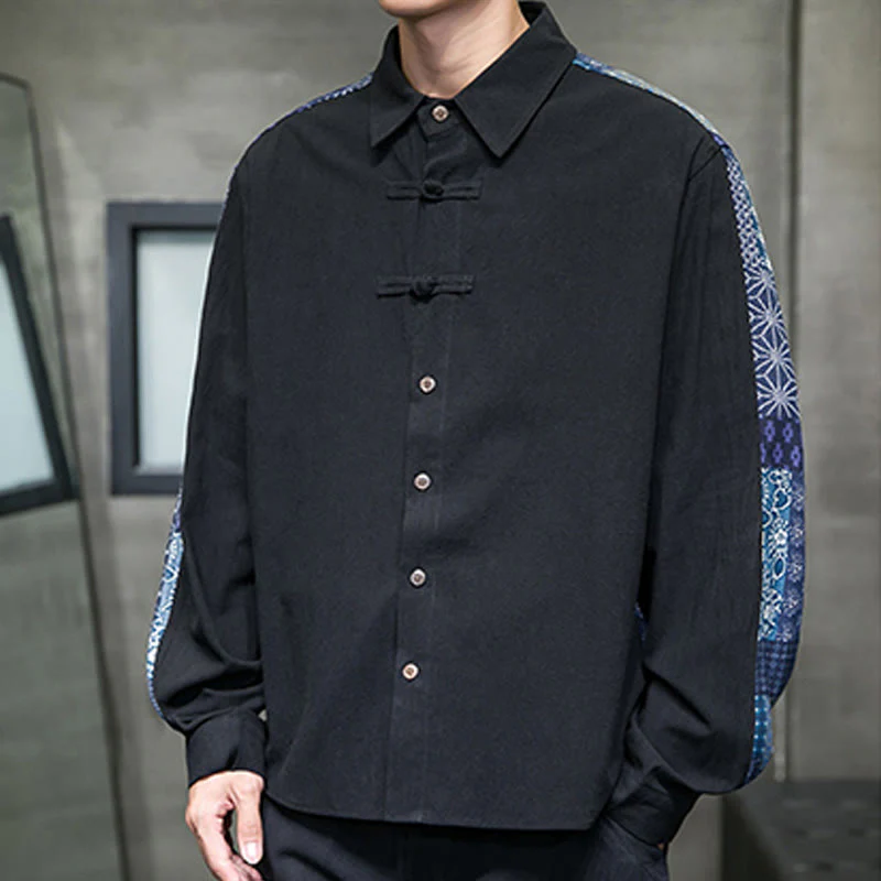 Camicia a maniche lunghe in misto cotone con cuciture a motivo floreale da uomo Buddha Stones - Image 4