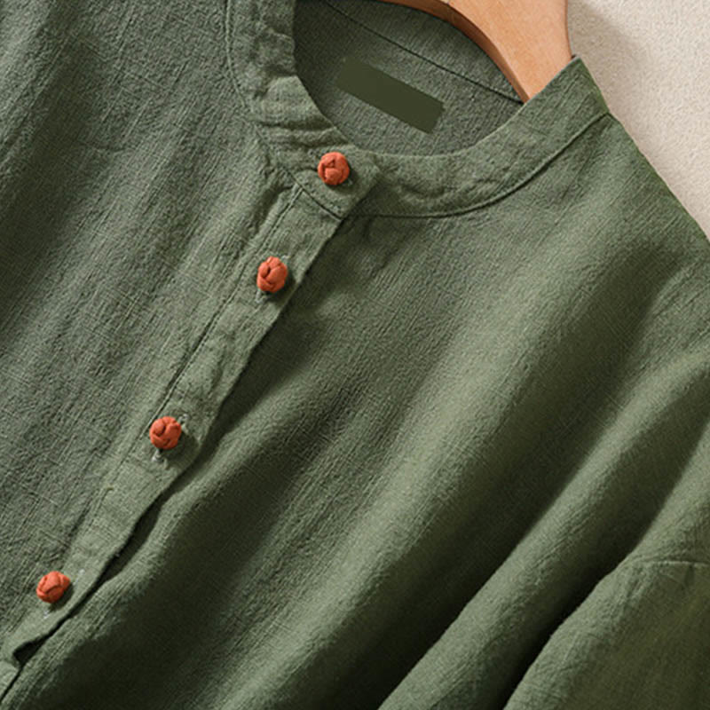 Camicia casual da donna in cotone con maniche lunghe, scollo rotondo, bottoni e tasche , Buddha Stones - Image 5