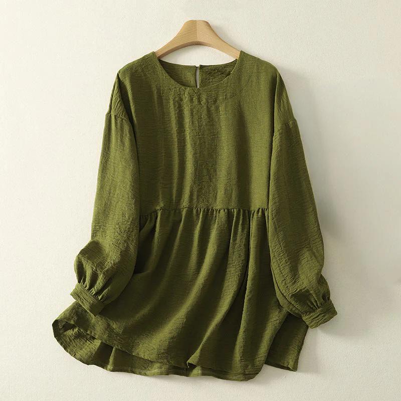 Camicia casual da donna in cotone e lino, a maniche lunghe, con scollo rotondo, verde oliva, motivo Buddha Stones