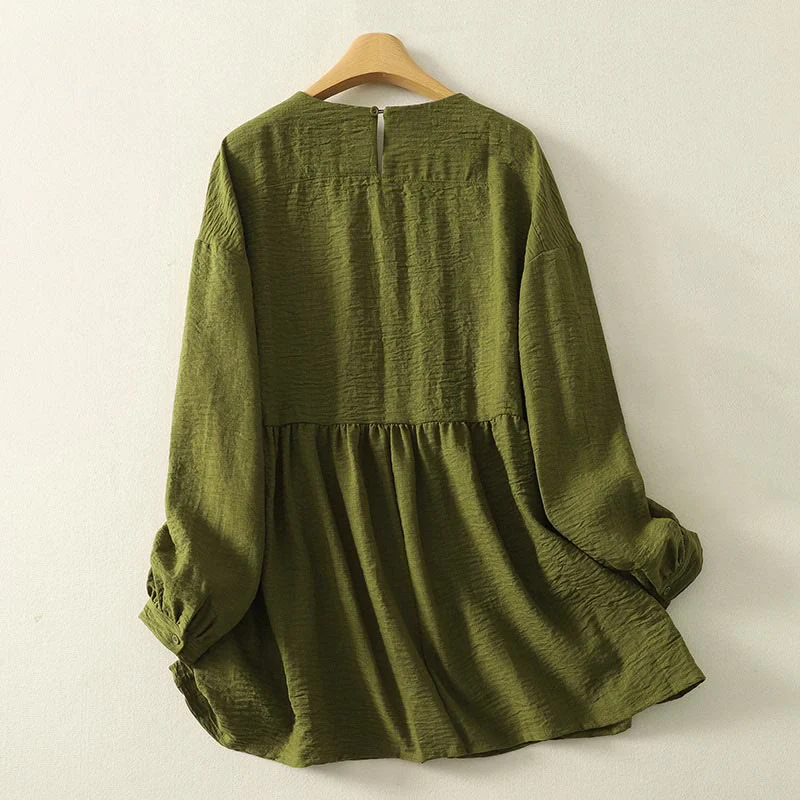 Camicia casual da donna in cotone e lino, a maniche lunghe, con scollo rotondo, verde oliva, motivo Buddha Stones - Image 2