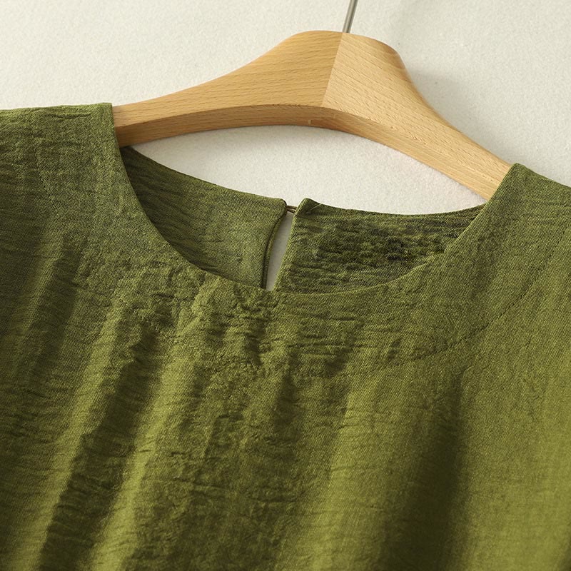 Camicia casual da donna in cotone e lino, a maniche lunghe, con scollo rotondo, verde oliva, motivo Buddha Stones - Image 3