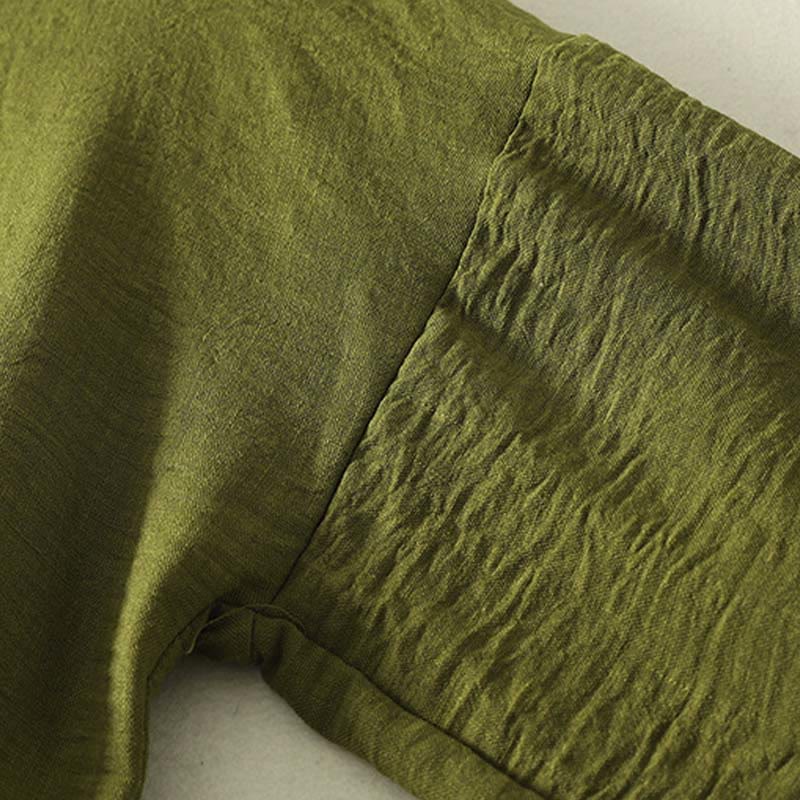 Camicia casual da donna in cotone e lino, a maniche lunghe, con scollo rotondo, verde oliva, motivo Buddha Stones - Image 6