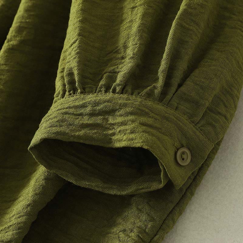 Camicia casual da donna in cotone e lino, a maniche lunghe, con scollo rotondo, verde oliva, motivo Buddha Stones - Image 7