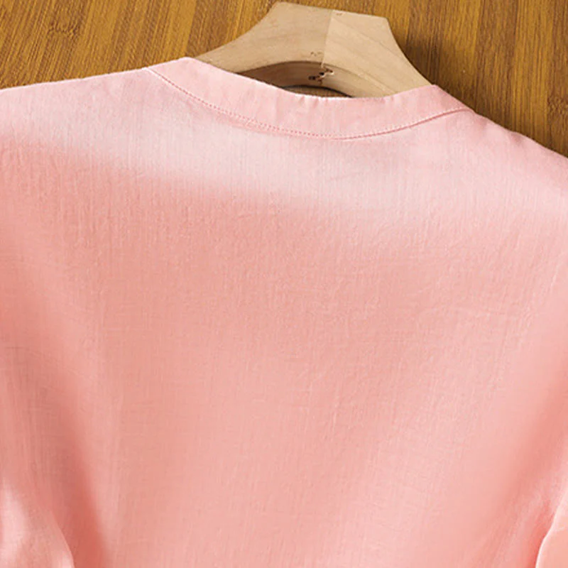 Camicia casual da donna in cotone e lino con maniche a mezza manica, motivo a rana, motivo ricamato con fiori e foglie, motivo a scollo rotondo, motivo Buddha Stones - Image 11