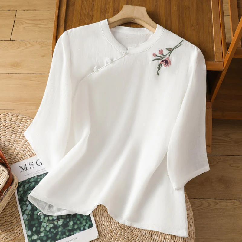 Camicia casual da donna in cotone e lino con maniche a mezza manica, motivo a rana, motivo ricamato con fiori e foglie, motivo a scollo rotondo, motivo Buddha Stones - Image 14