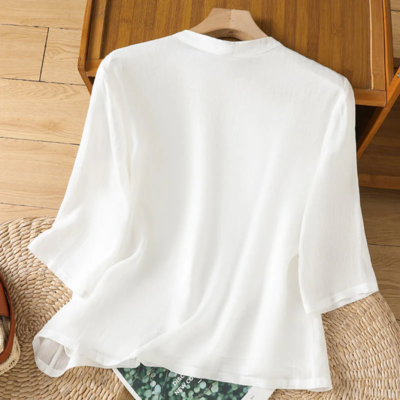 Camicia casual da donna in cotone e lino con maniche a mezza manica, motivo a rana, motivo ricamato con fiori e foglie, motivo a scollo rotondo, motivo Buddha Stones - Image 15