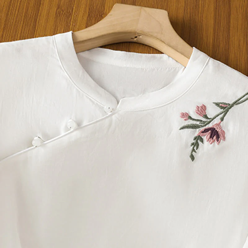 Camicia casual da donna in cotone e lino con maniche a mezza manica, motivo a rana, motivo ricamato con fiori e foglie, motivo a scollo rotondo, motivo Buddha Stones - Image 16