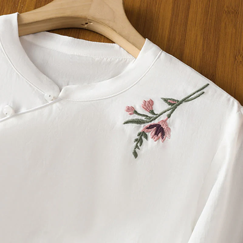 Camicia casual da donna in cotone e lino con maniche a mezza manica, motivo a rana, motivo ricamato con fiori e foglie, motivo a scollo rotondo, motivo Buddha Stones - Image 18