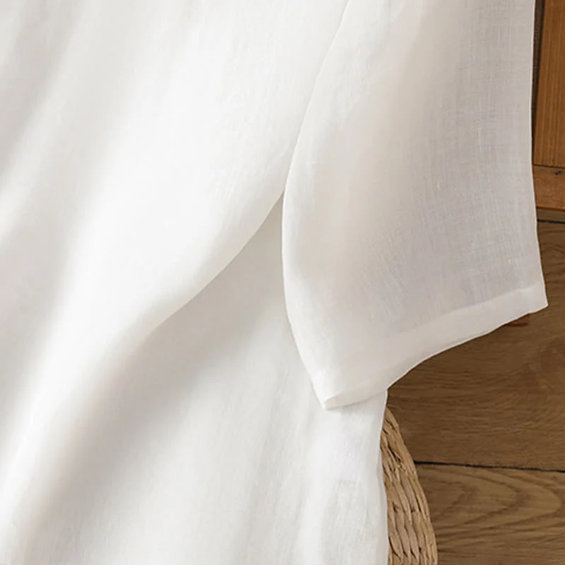 Camicia casual da donna in cotone e lino con maniche a mezza manica, motivo a rana, motivo ricamato con fiori e foglie, motivo a scollo rotondo, motivo Buddha Stones - Image 19