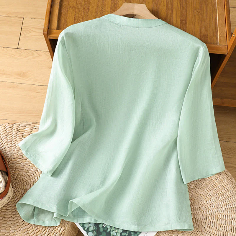 Camicia casual da donna in cotone e lino con maniche a mezza manica, motivo a rana, motivo ricamato con fiori e foglie, motivo a scollo rotondo, motivo Buddha Stones - Image 2