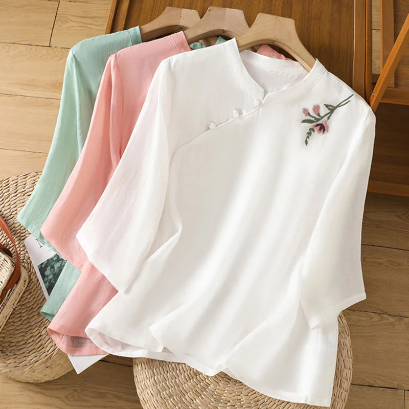 Camicia casual da donna in cotone e lino con maniche a mezza manica, motivo a rana, motivo ricamato con fiori e foglie, motivo a scollo rotondo, motivo Buddha Stones - Image 20