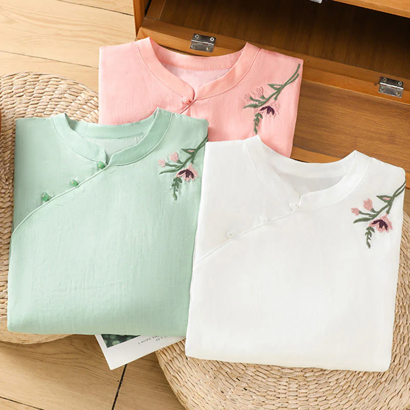 Camicia casual da donna in cotone e lino con maniche a mezza manica, motivo a rana, motivo ricamato con fiori e foglie, motivo a scollo rotondo, motivo Buddha Stones - Image 21