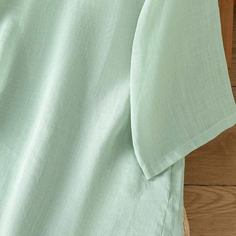 Camicia casual da donna in cotone e lino con maniche a mezza manica, motivo a rana, motivo ricamato con fiori e foglie, motivo a scollo rotondo, motivo Buddha Stones - Image 6