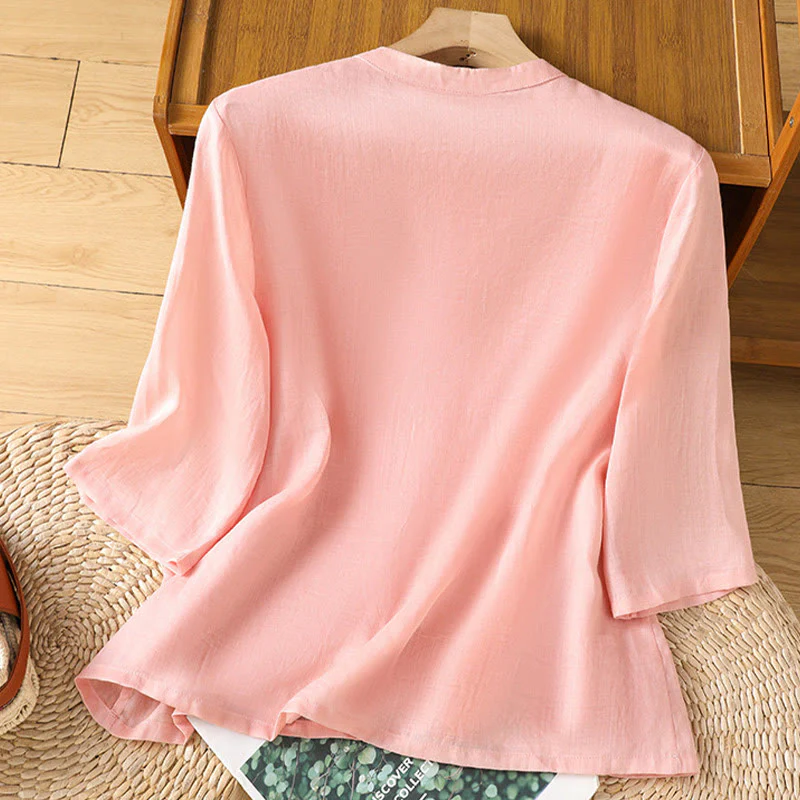 Camicia casual da donna in cotone e lino con maniche a mezza manica, motivo a rana, motivo ricamato con fiori e foglie, motivo a scollo rotondo, motivo Buddha Stones - Image 8
