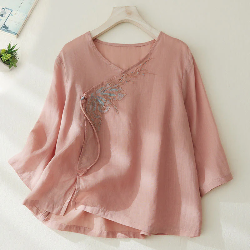 Camicia casual da donna in cotone e lino con maniche a tre quarti e ricamo di piante, motivo Buddha Stones