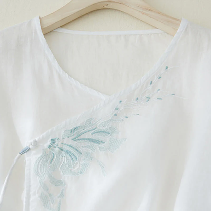 Camicia casual da donna in cotone e lino con maniche a tre quarti e ricamo di piante, motivo Buddha Stones - Image 10