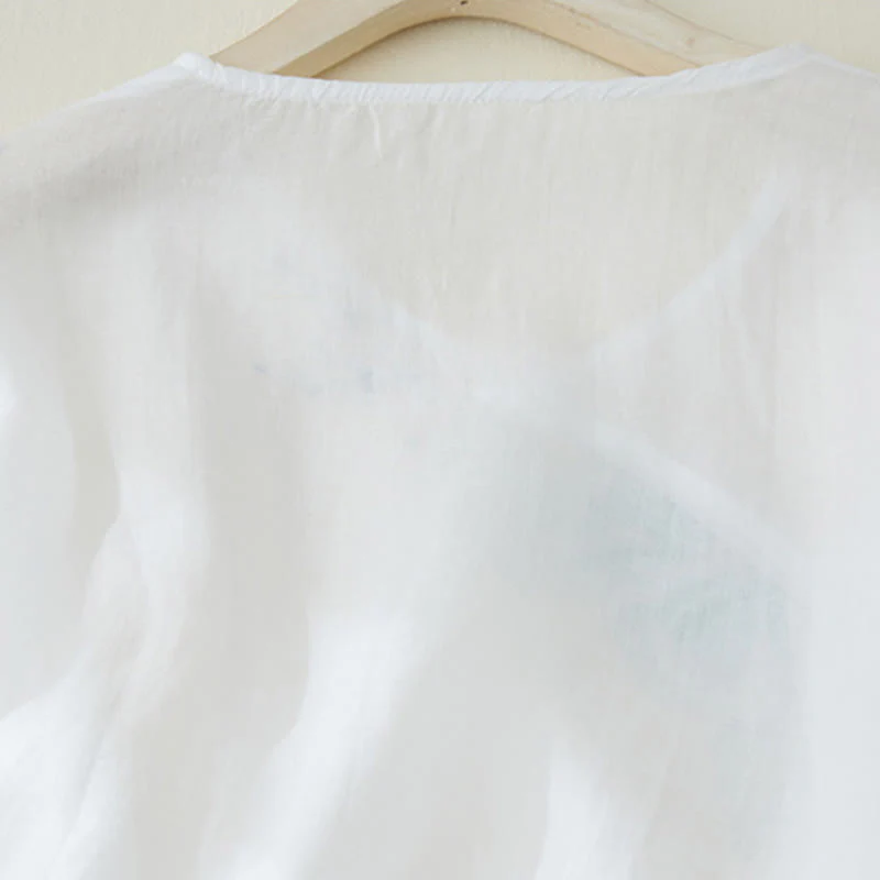 Camicia casual da donna in cotone e lino con maniche a tre quarti e ricamo di piante, motivo Buddha Stones - Image 11