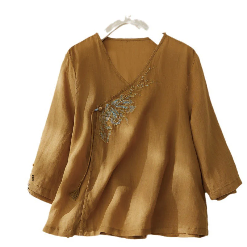 Camicia casual da donna in cotone e lino con maniche a tre quarti e ricamo di piante, motivo Buddha Stones - Image 14