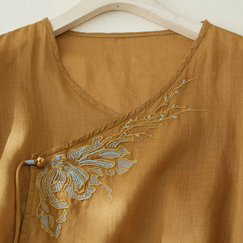 Camicia casual da donna in cotone e lino con maniche a tre quarti e ricamo di piante, motivo Buddha Stones - Image 16