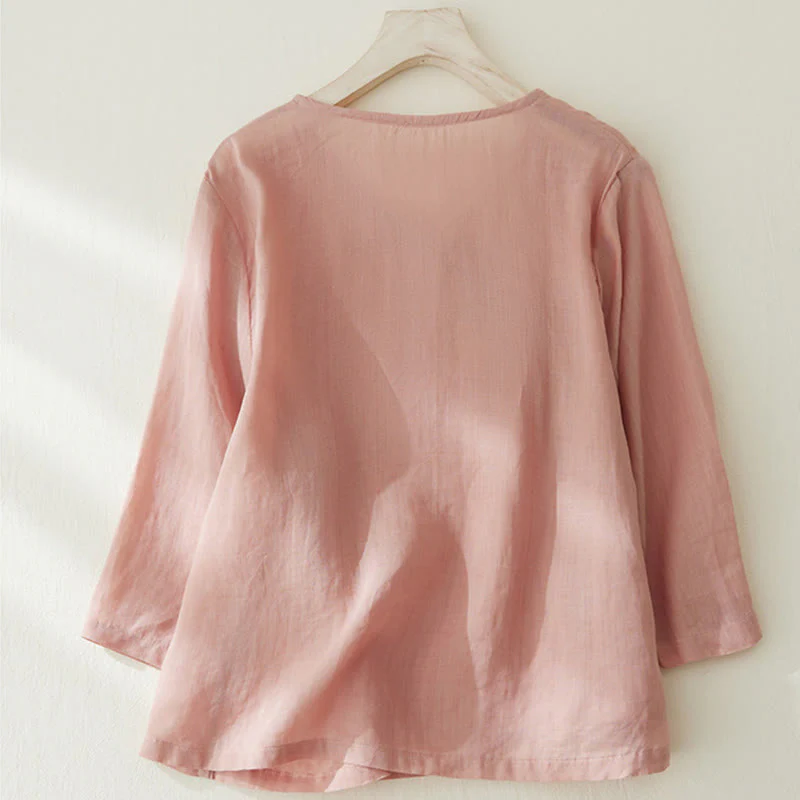 Camicia casual da donna in cotone e lino con maniche a tre quarti e ricamo di piante, motivo Buddha Stones - Image 2