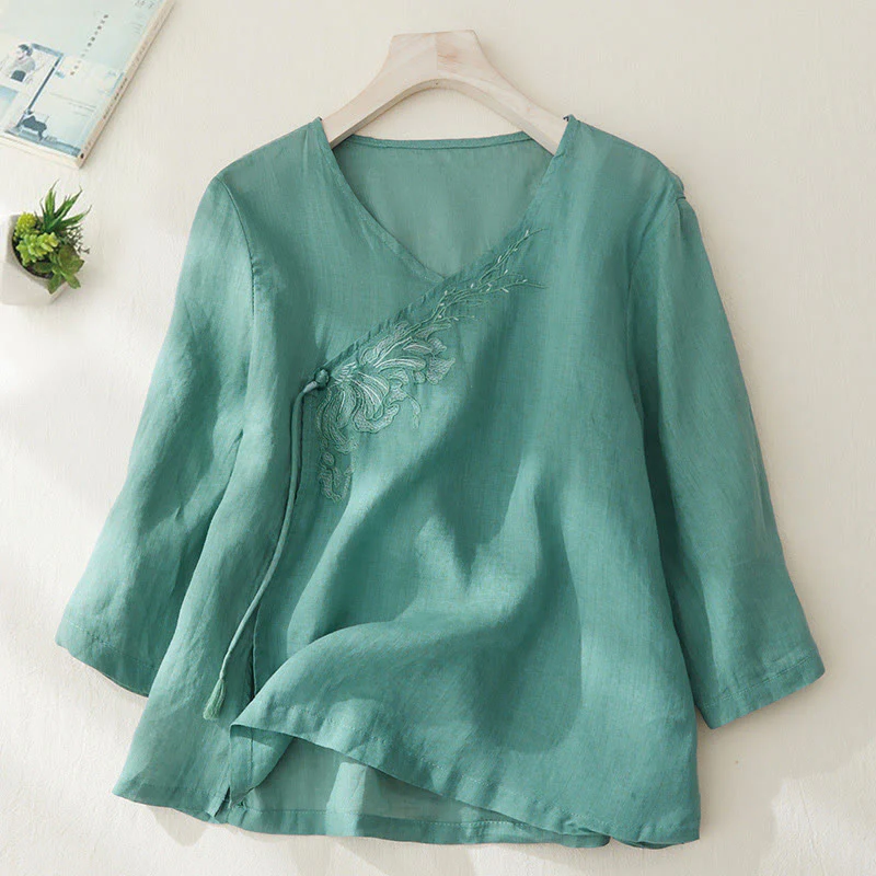 Camicia casual da donna in cotone e lino con maniche a tre quarti e ricamo di piante, motivo Buddha Stones - Image 21