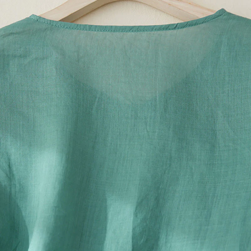 Camicia casual da donna in cotone e lino con maniche a tre quarti e ricamo di piante, motivo Buddha Stones - Image 24