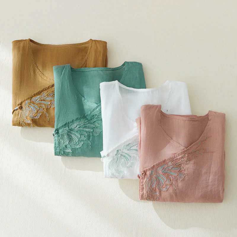 Camicia casual da donna in cotone e lino con maniche a tre quarti e ricamo di piante, motivo Buddha Stones - Image 27