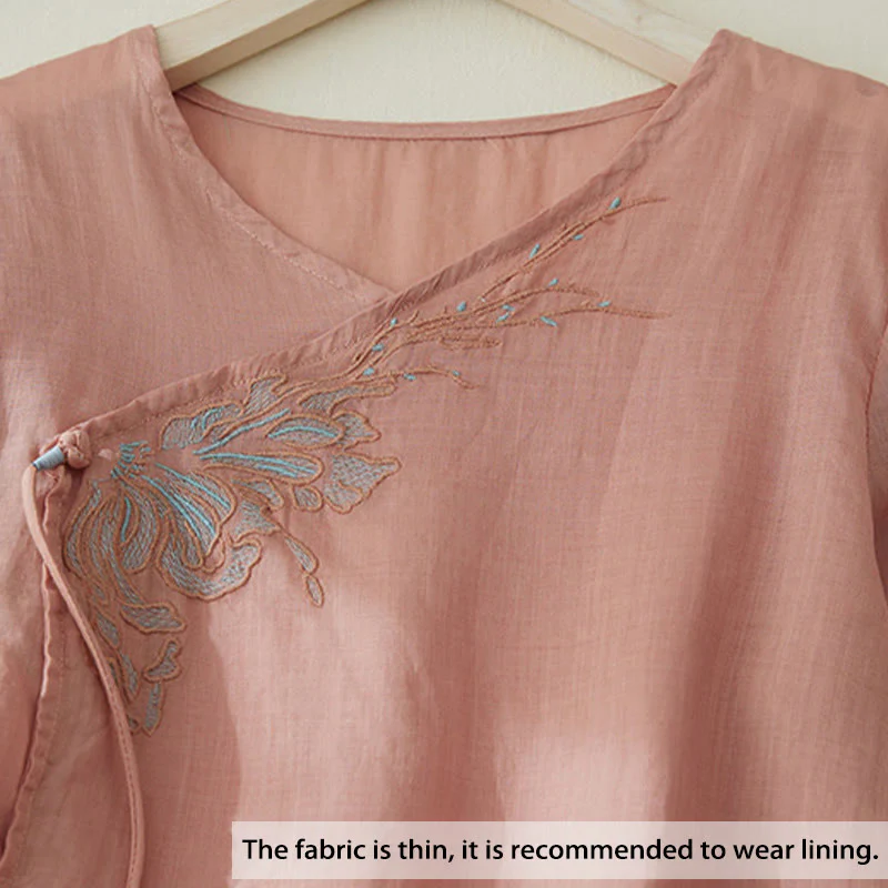 Camicia casual da donna in cotone e lino con maniche a tre quarti e ricamo di piante, motivo Buddha Stones - Image 3